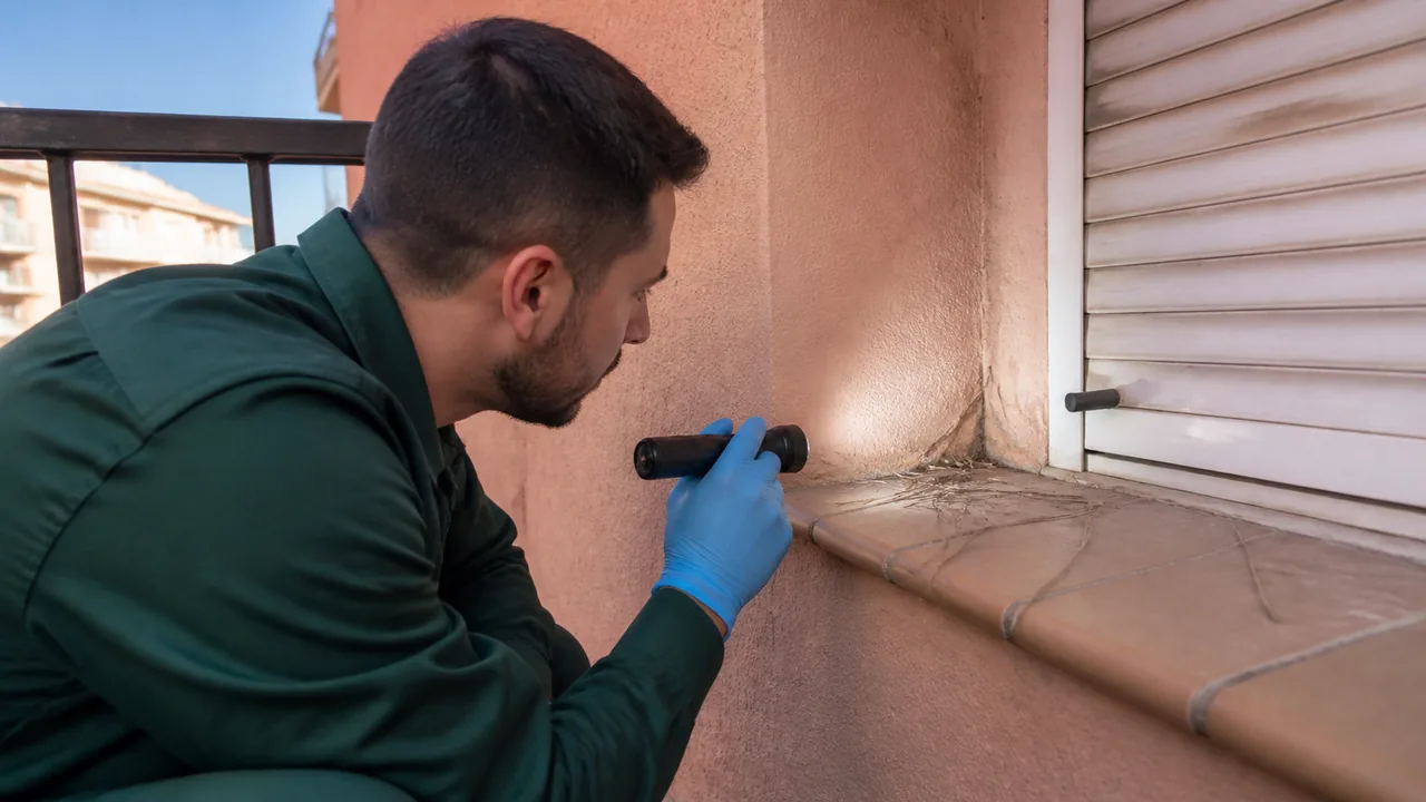 Técnico inspeccionando un balcón tras retirar un nido de palomas en Sant Boi
