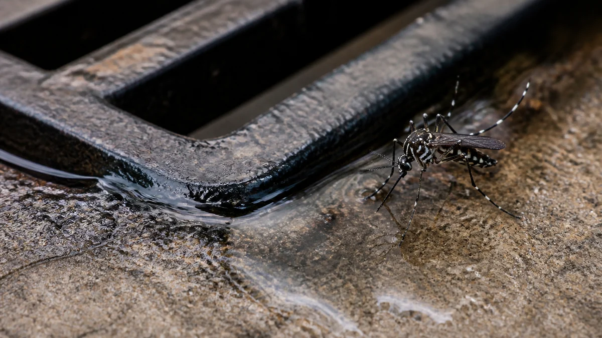 Mosquito tigre junto a una pequeña acumulación de agua bajo la rejilla de un patio