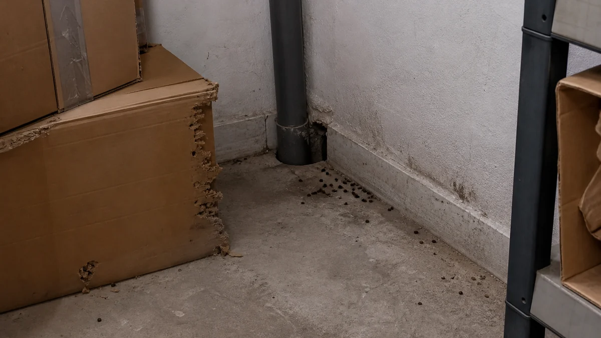 Caja roída y hueco alrededor de tuberías en un trastero ordenado de planta baja