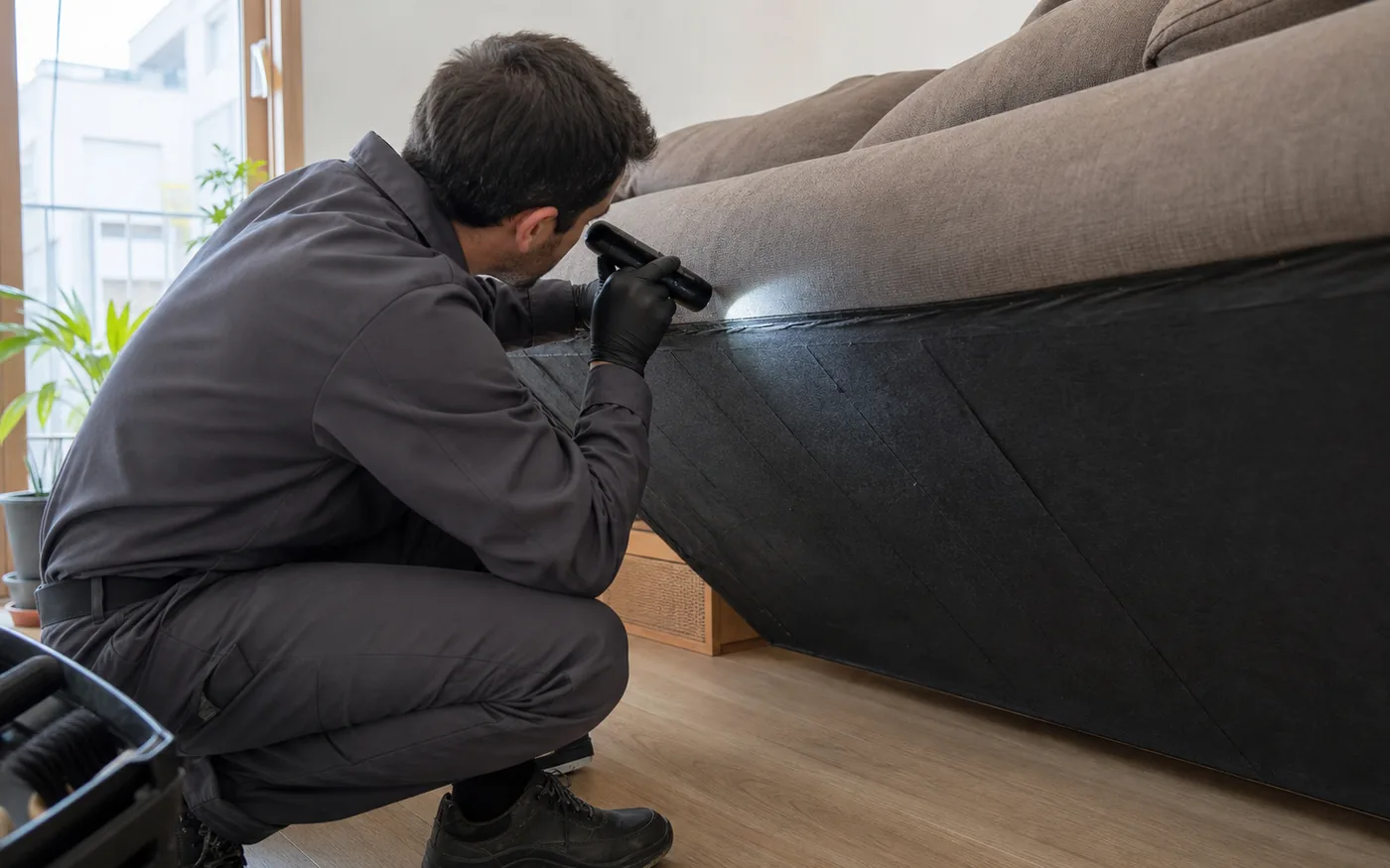 Técnico inspeccionando las costuras de un sofá usado en Sant Boi