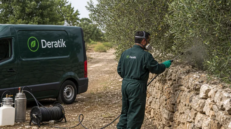 Técnicos de Deratik fumigando con equipo de protección en Sant Boi de Llobregat